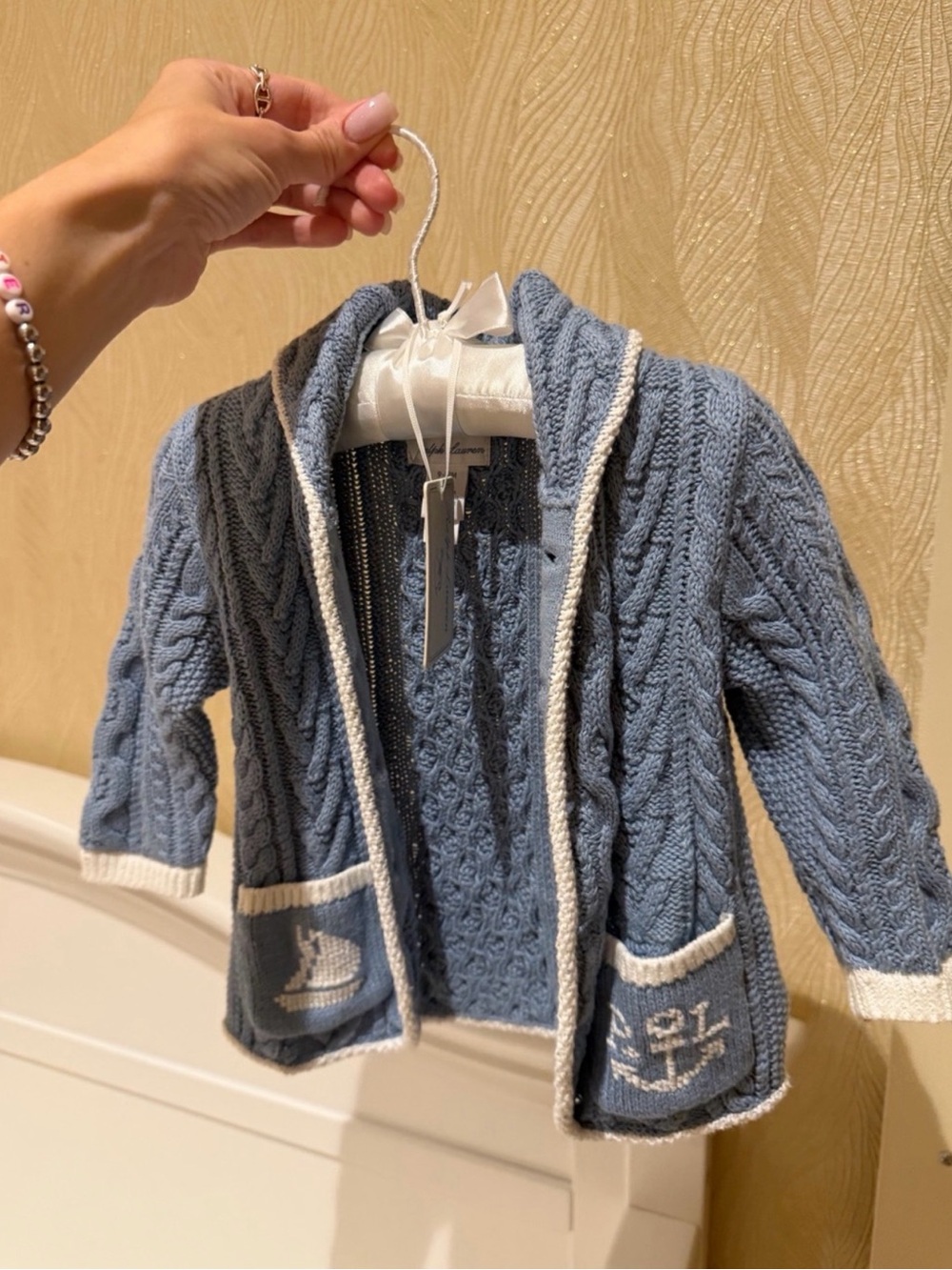 Polo by Ralph Lauren Blue Cable Knit Hooded Baby Cardigan with White Trim
